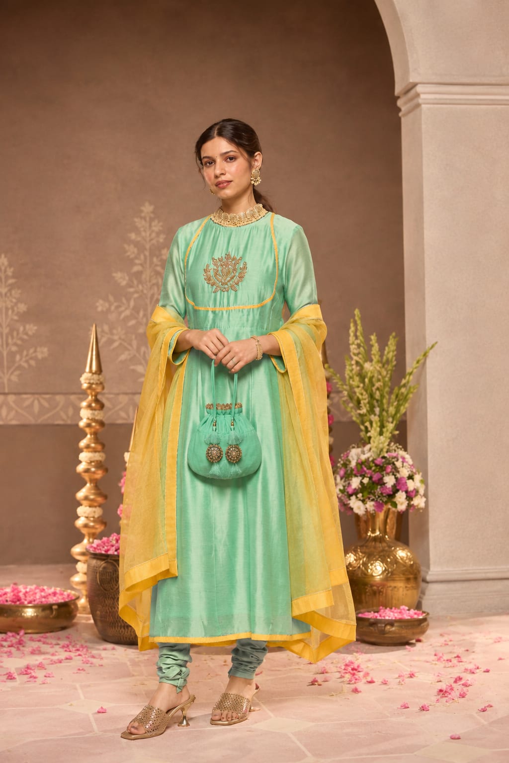 Mint-Green Chanderi Anarkali 3-Piece Set