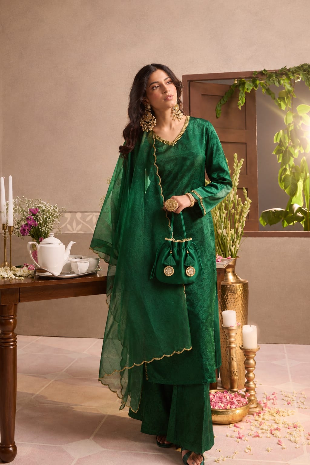 Green Gajji Silk Embroidered Kurta Set With Dupatta