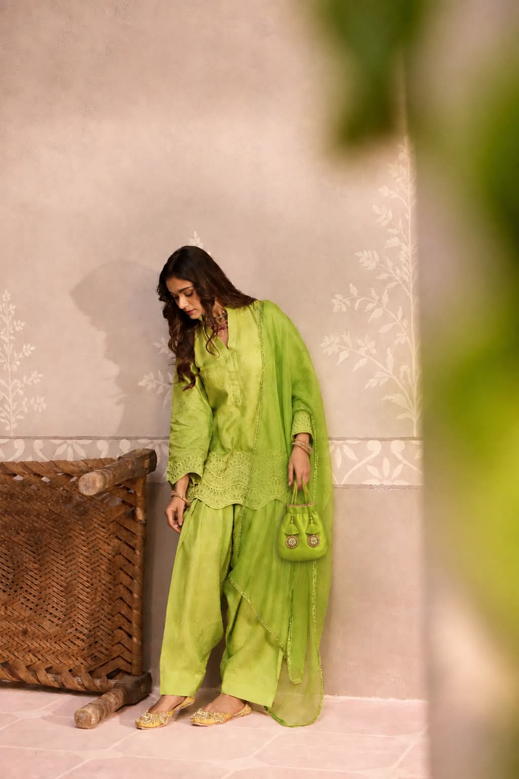 Parrot Green Dola Silk Farsi Salwar Set with Dupatta