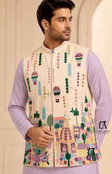 Off White Multi Emb. Nehru Jacket