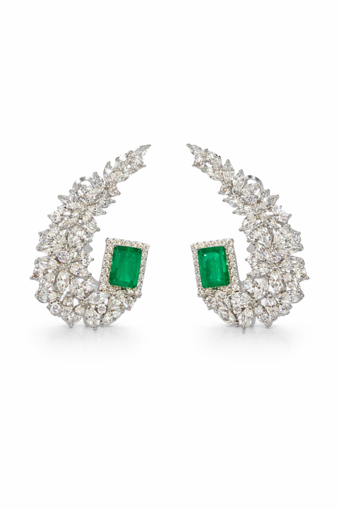 Emerald Halo Crescent Earrings