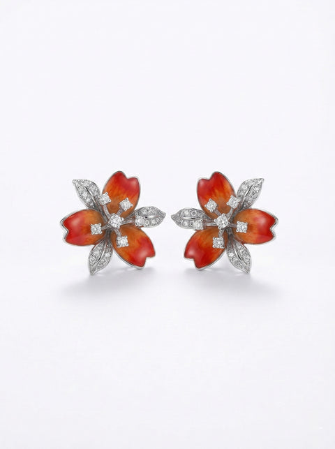 Orange Enamel Flower Earrings