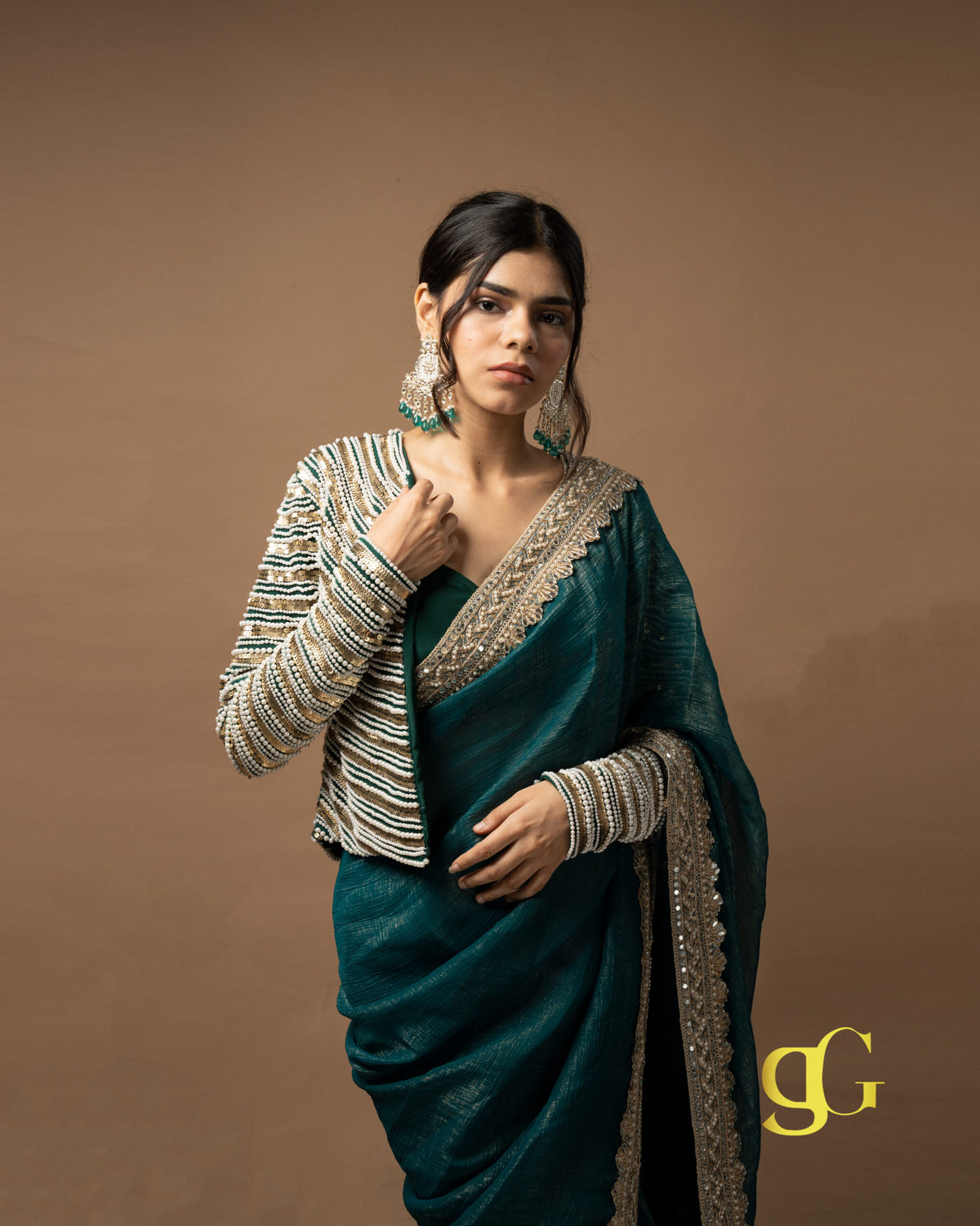 Teal Blue Saree with Embroidered Jacket