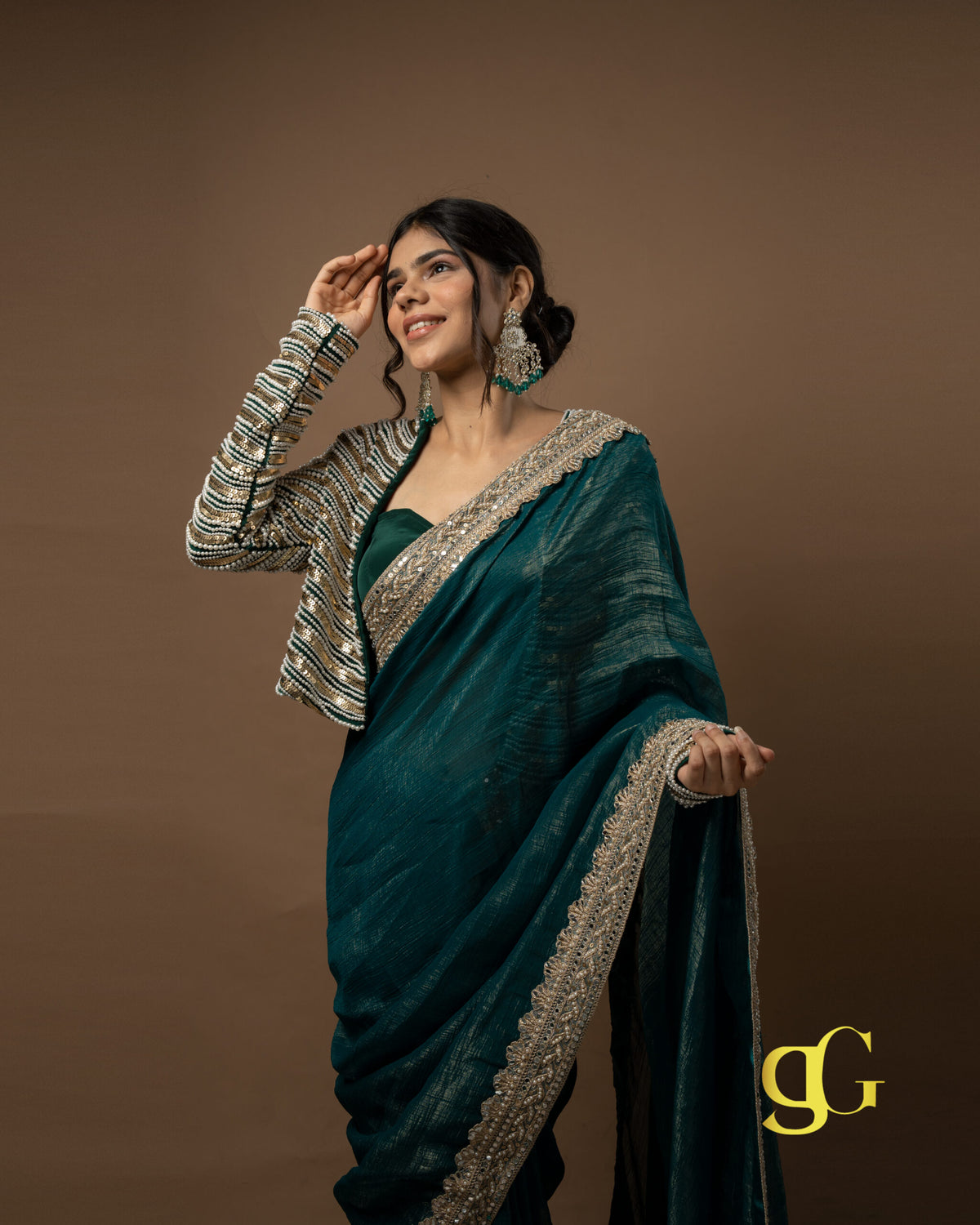 Teal Blue Saree with Embroidered Jacket