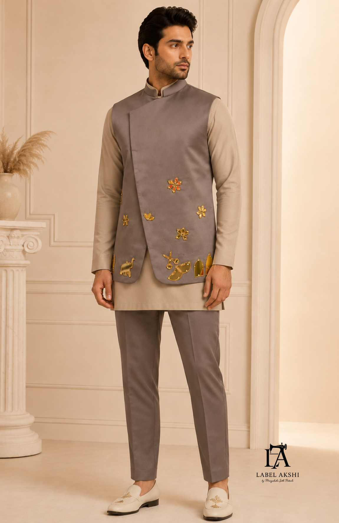 Grey Acrylic Work Nehru Jacket