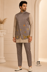 Grey Acrylic Work Nehru Jacket