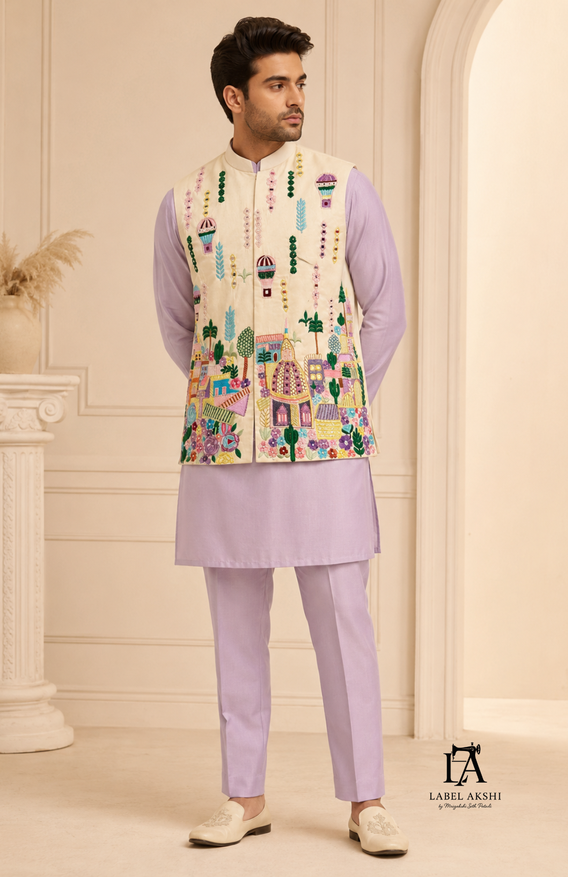 Off White Multi Emb. Nehru Jacket