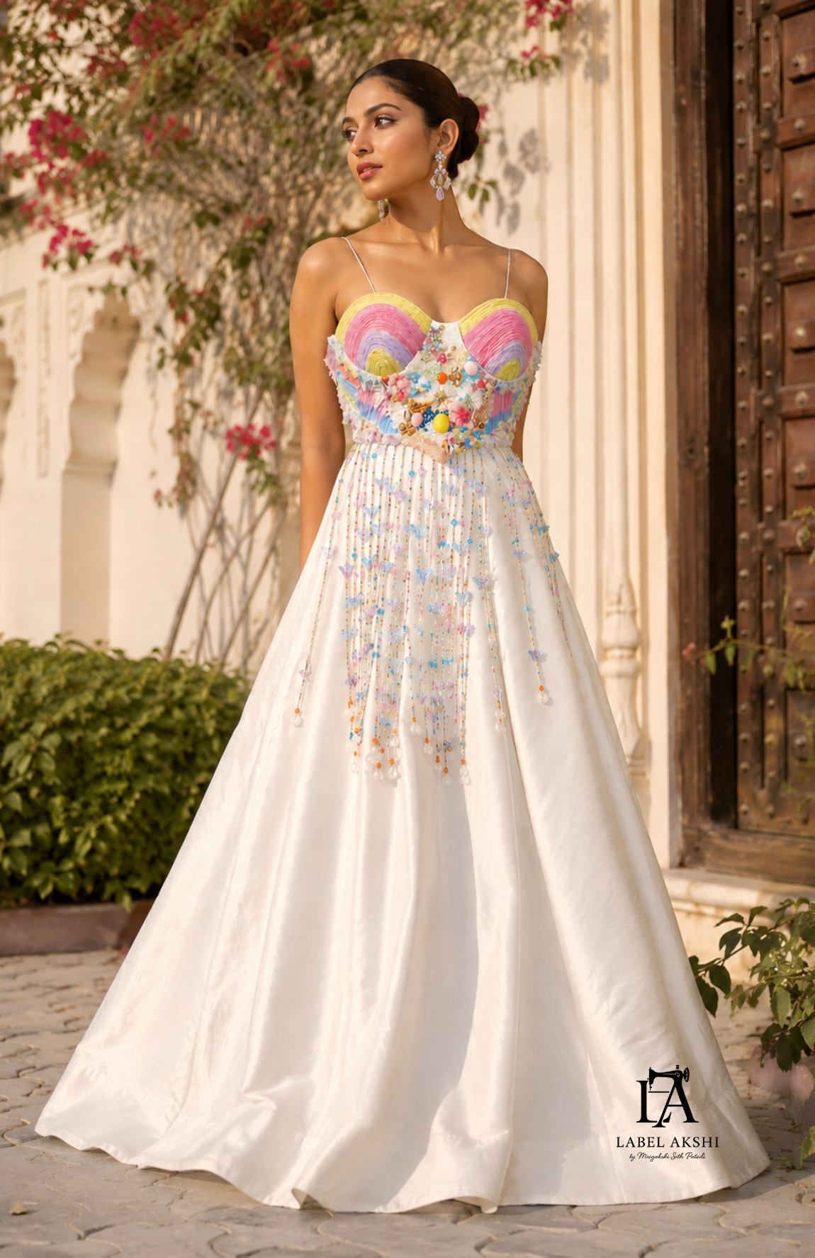 Multi- Corset Blouse With Ivory Skirt
