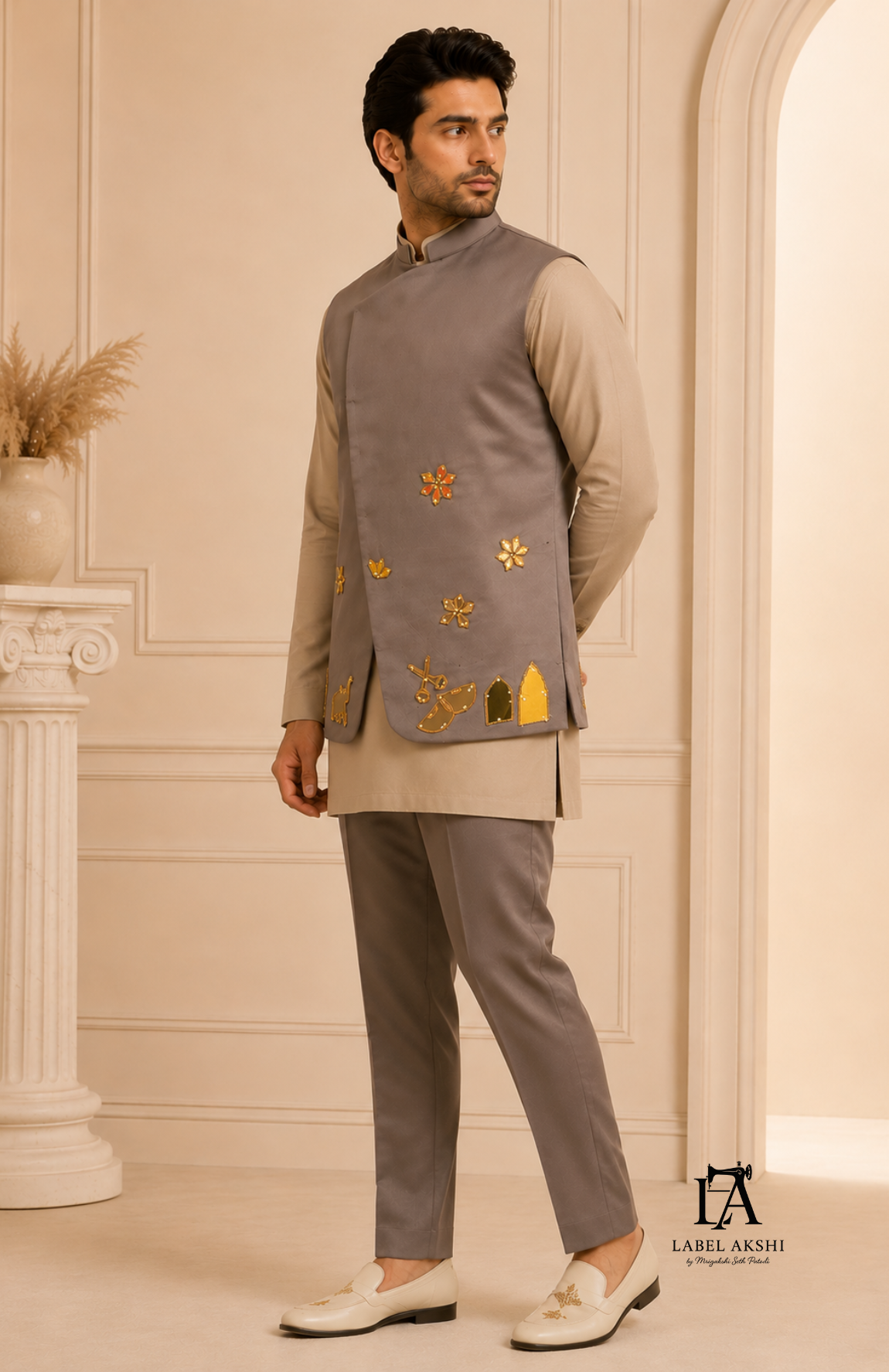 Grey Acrylic Work Nehru Jacket