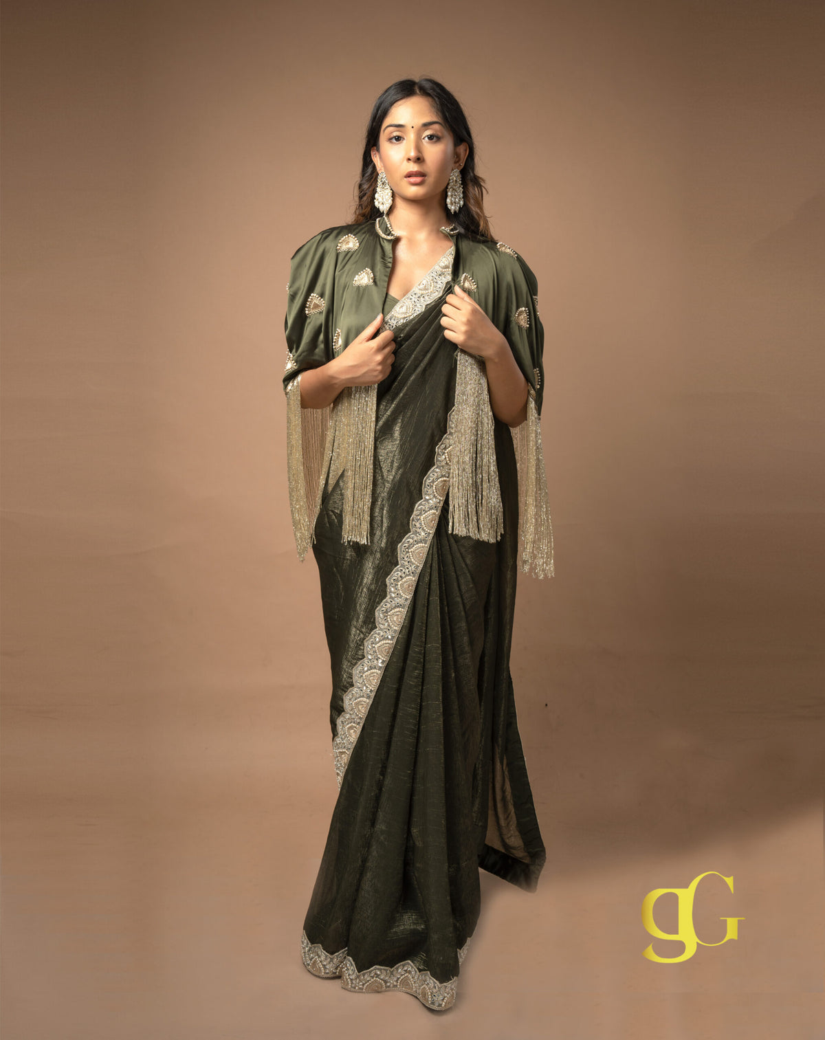 Olive Green Saree with Cape