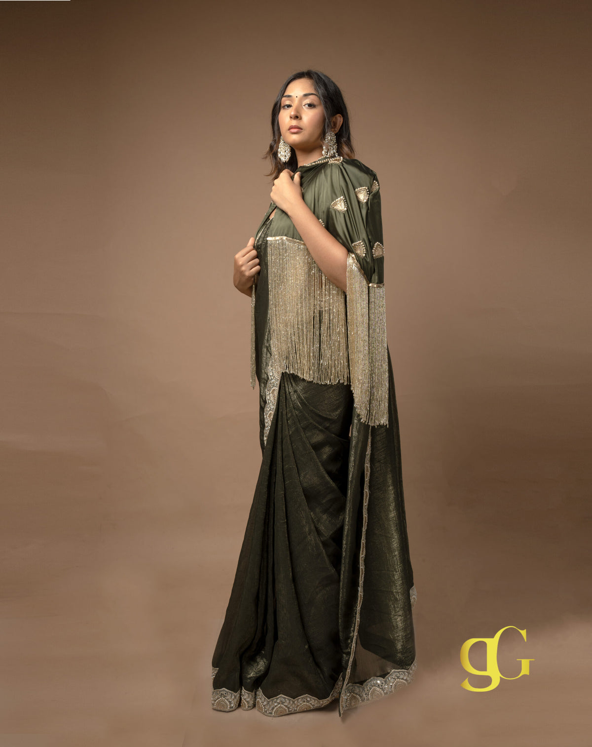 Olive Green Saree with Cape