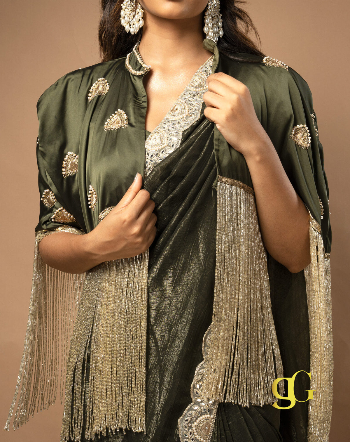 Olive Green Saree with Cape