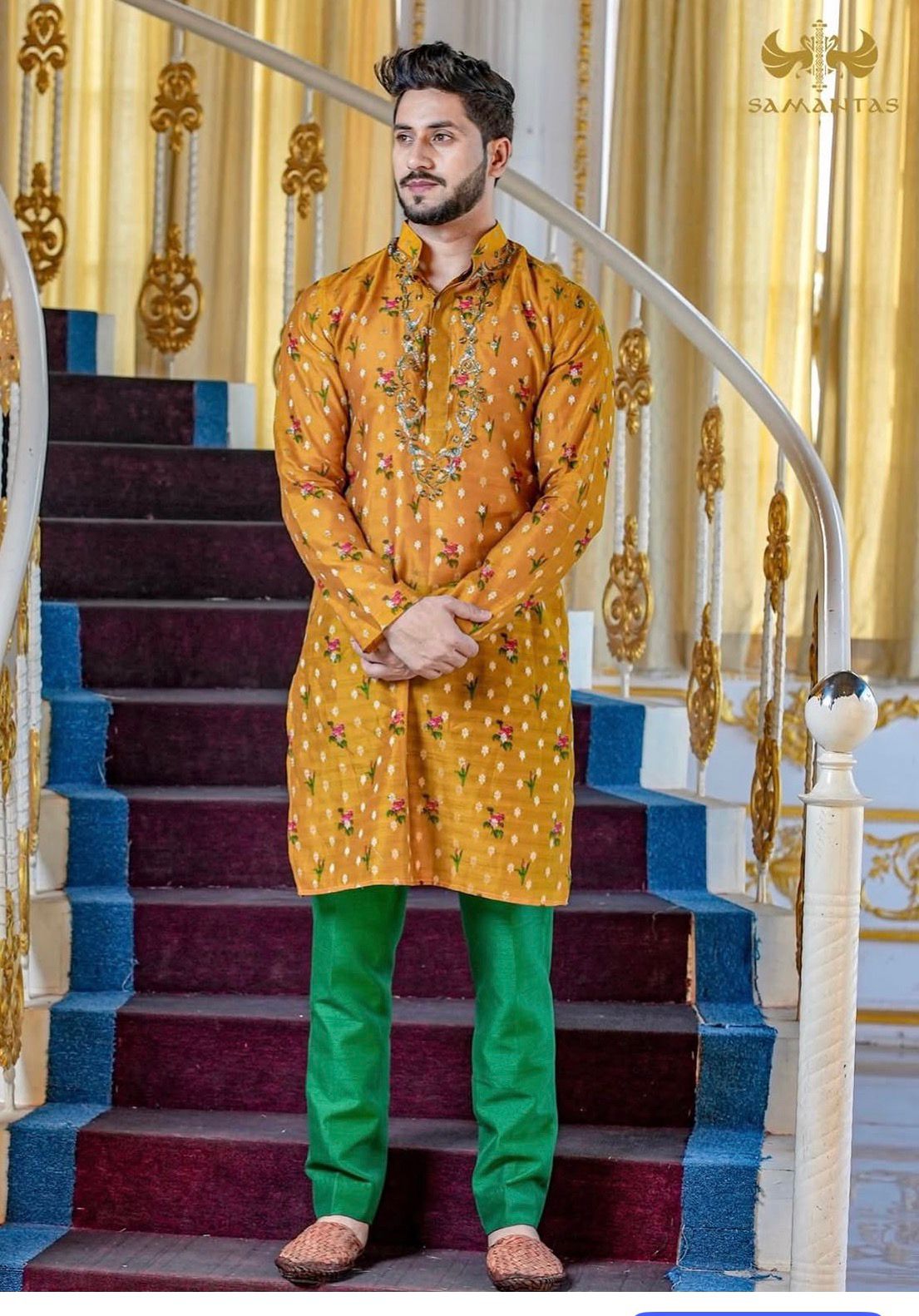 Royal Mustard Floral Embroidery Kurta Set