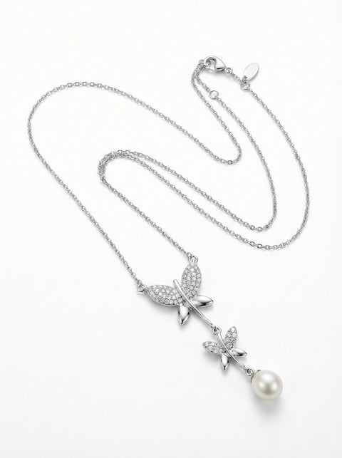 Two Butterfly with Pearl Drop Necklace