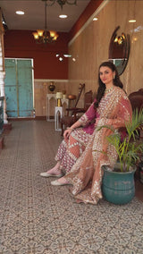 Brown & Dark Peach Gotta Embellished Organza Sharara Set