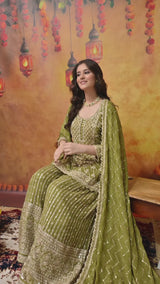 Green Dabka, Pearl & Zardozi Embroidered Gharara Set