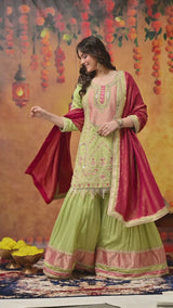 Parrot Green Zardozi Embroidered Tissue Silk Gharara Set