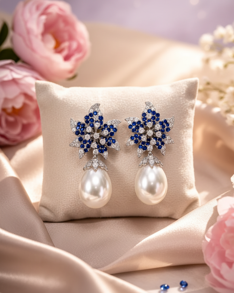 Sapphire Pearl Bloom Drop Earrings