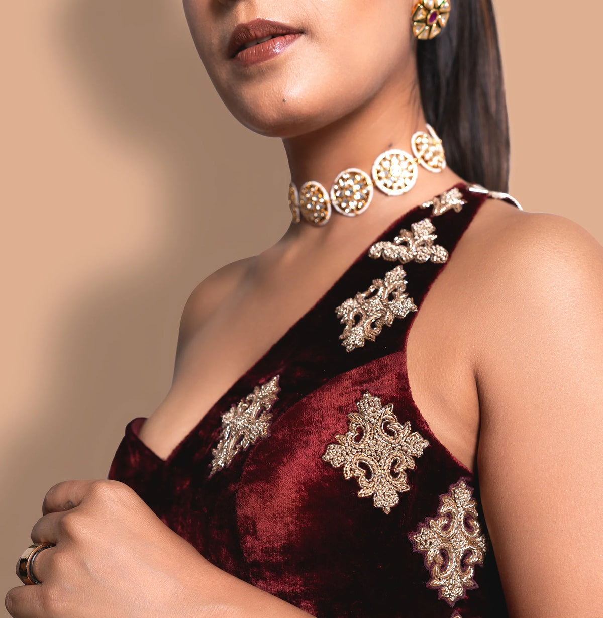 Maroon Hand Embroidered Velvet Saree With Blouse