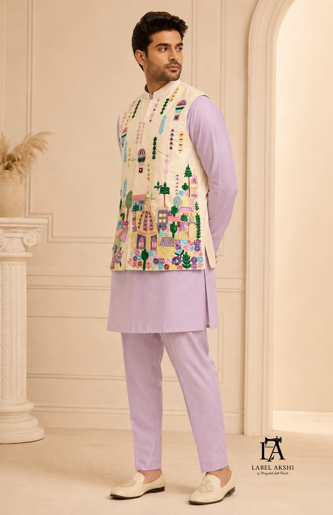 Off White Multi Emb. Nehru Jacket
