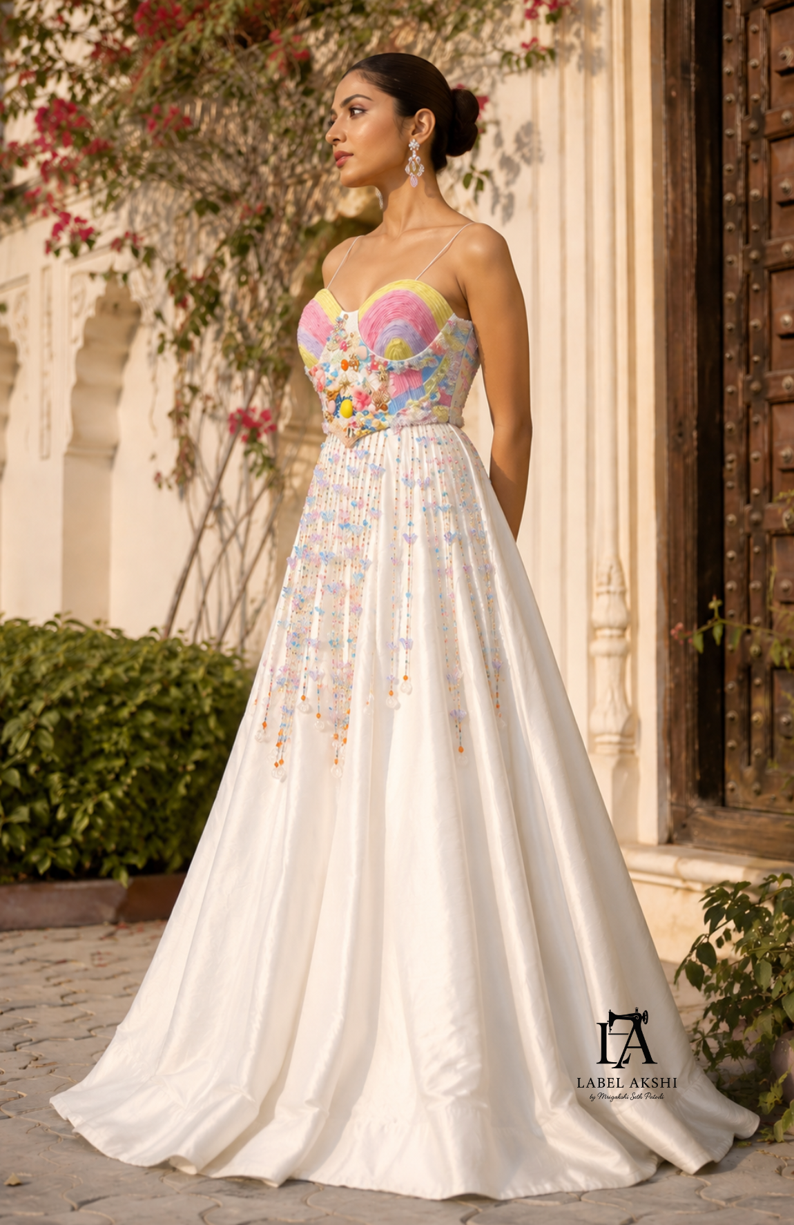 Multi- Corset Blouse With Ivory Skirt