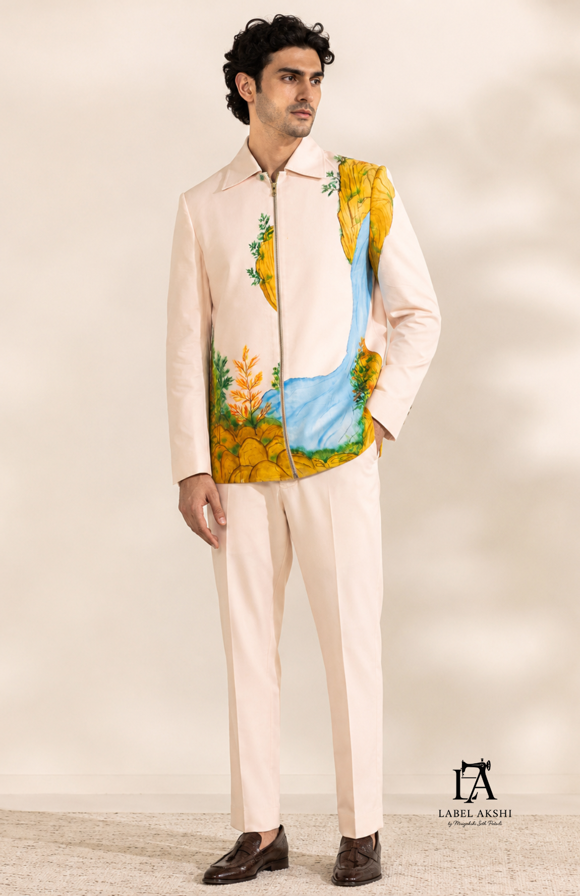 Light Peach Polo Collar Zipper Jacket