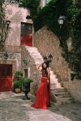 Red Embroidered Corset Fishcut Skirt
