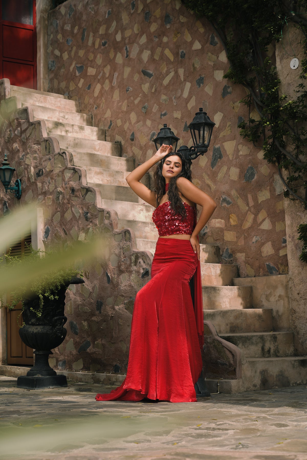 Red Embroidered Corset Fishcut Skirt