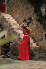Red Embroidered Corset Fishcut Skirt
