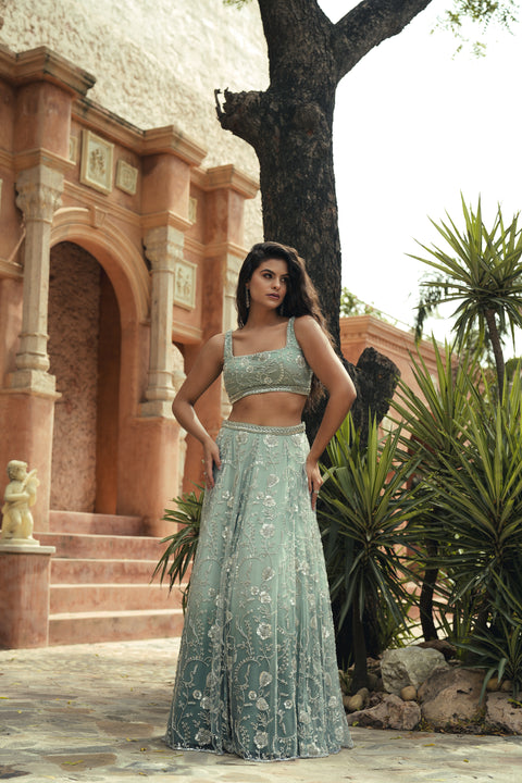 Mint Green Embroidered Lehenga Set