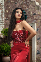 Red Embroidered Corset Fishcut Skirt