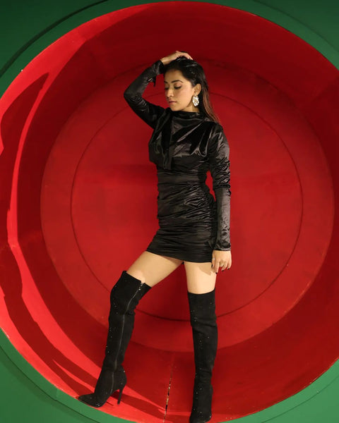 Full Sleeve Pleated Mini Satin Dress