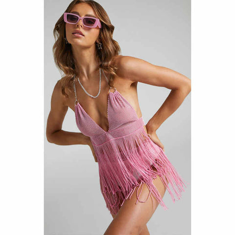 Piece Plunge Fringe Halter Top