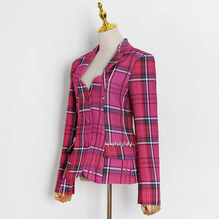 Pink Plaid Backless Blazer
